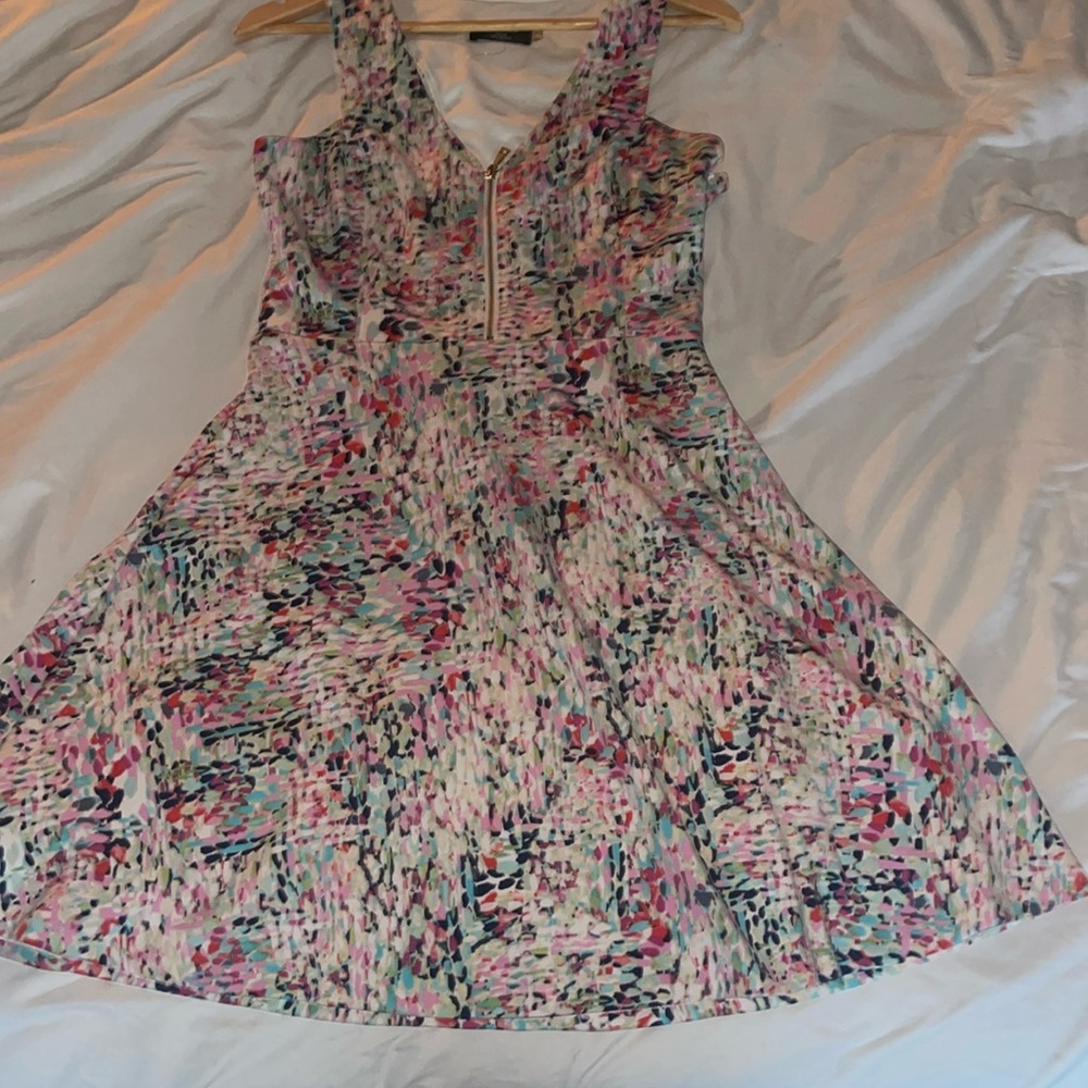 Guess Pink Blue Fit & Flare Dress Size 8 Zipper Front Cutout Back Mini Dress
